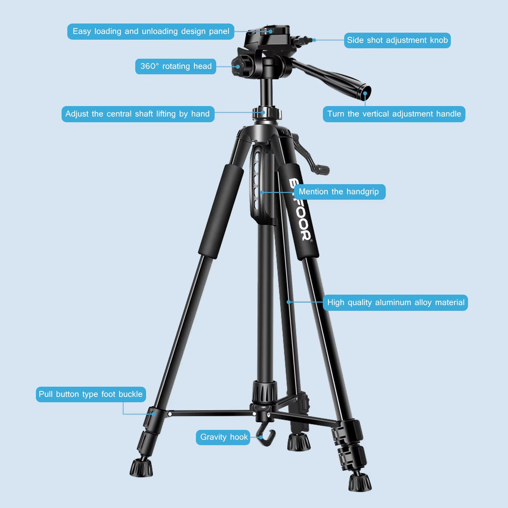 Phone Travel Self Tripod Aluminum Tall 55” 140CM Stand with Quick Plates Mount Pan Head for Canon Nikon DSLR SLR Digital Camera